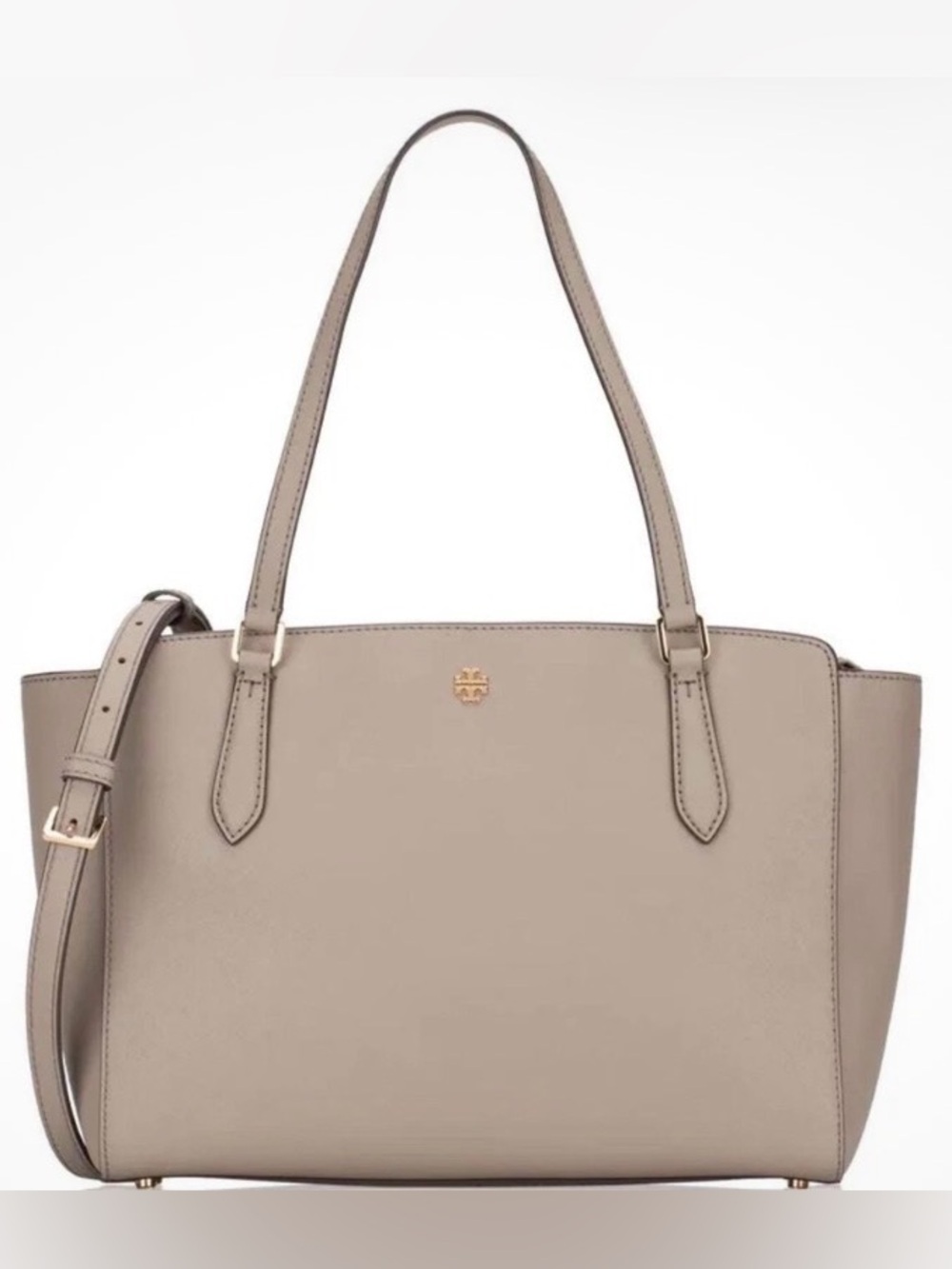 Tory Burch Emerson Taupe Leather Tote with Top Handles and crossbody strap